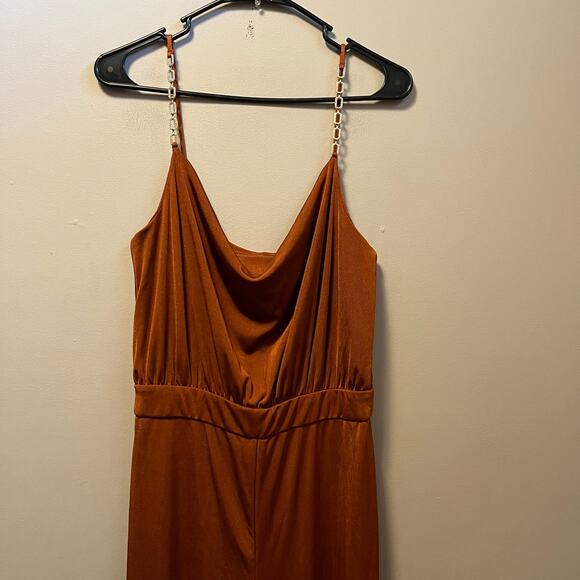 Jason Wu Emmett Burnt Orange Rhinestone Cowl Neck Jumpsuit Size Medium - Picture 2 of 7